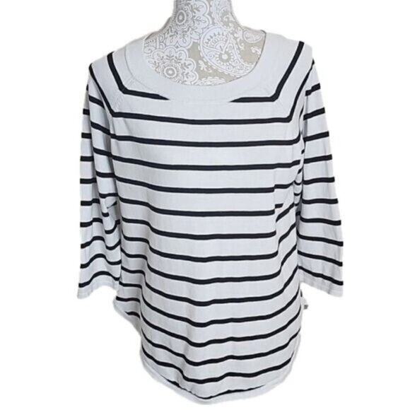 Jeanne Pierre Cotton Sweater womens white striped 3/4 sleeve Petite Large LP - Picture 1 of 6